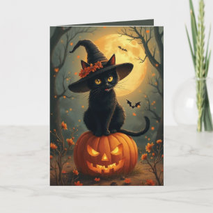 Halloween Witch Cat på en Pumpkin Kort