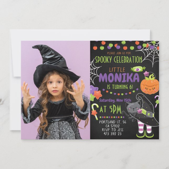 Halloween Witch Cat Pumpkin Birthday-inbjudan  Inbjudningar (Framsida)