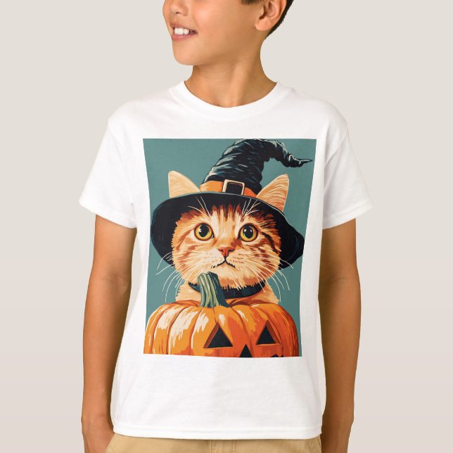 Halloween Witch Cat Pumpkin Spooky Season T Shirt (Framsida)