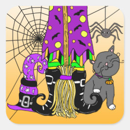 Halloween Witch, Cat, Spider och Broomstick Fyrkantigt Klistermärke