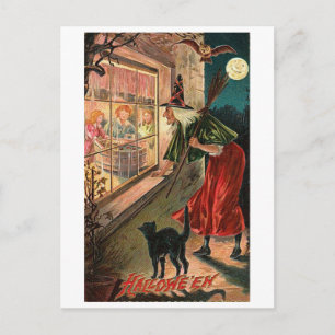 Halloween Witch, Cat Staring in Window Vykort