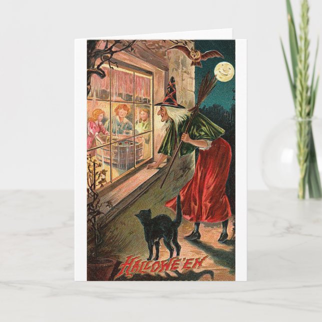Halloween Witch, Cat Storing in Window Kort (Framsida)
