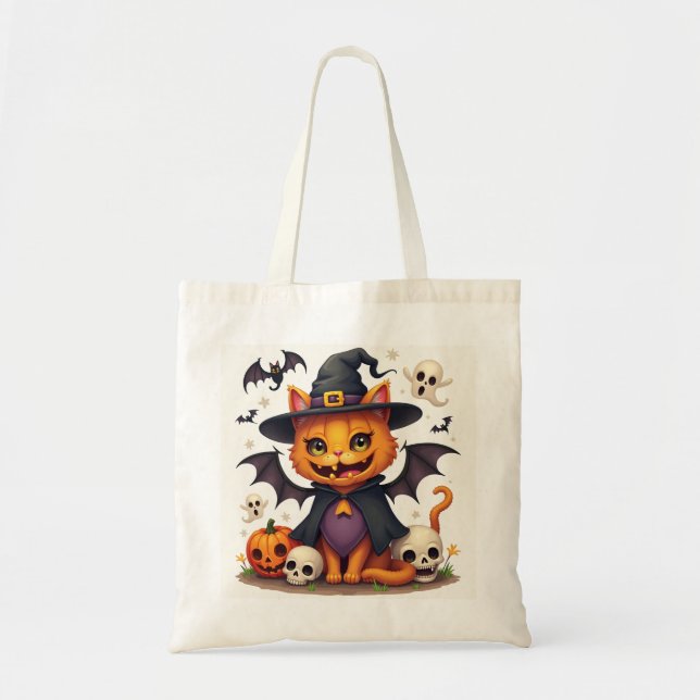 Halloween Witch Cat Tote Bag Tygkasse (Framsidan)