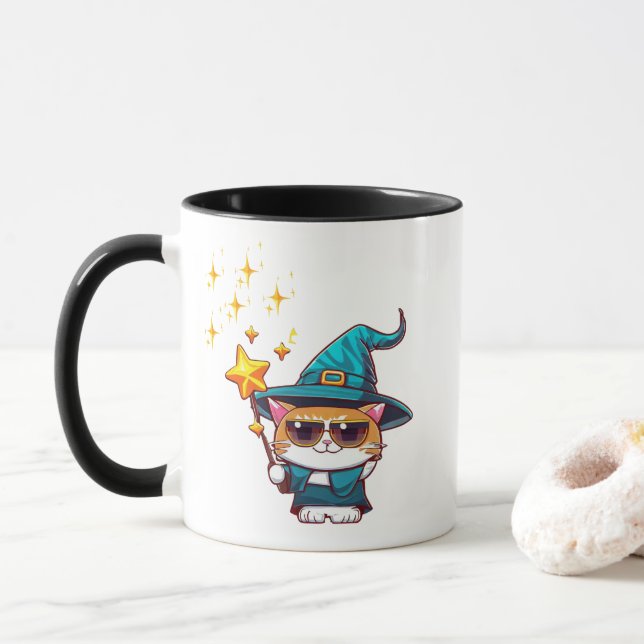 Halloween Witch Cats Holding Magic Trollspö Stars Mugg (Med munk)