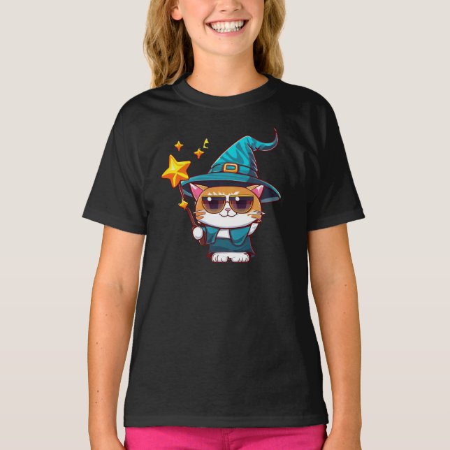 Halloween Witch Cats Holding Magic Trollspö Stars T Shirt (Framsida)