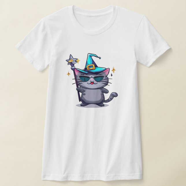 Halloween Witch Cats Holding Magic Trollspö Stars T Shirt (Laydown)