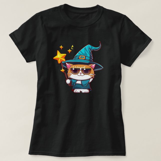 Halloween Witch Cats Holding Magic Trollspö Stars T Shirt (Design framsida)