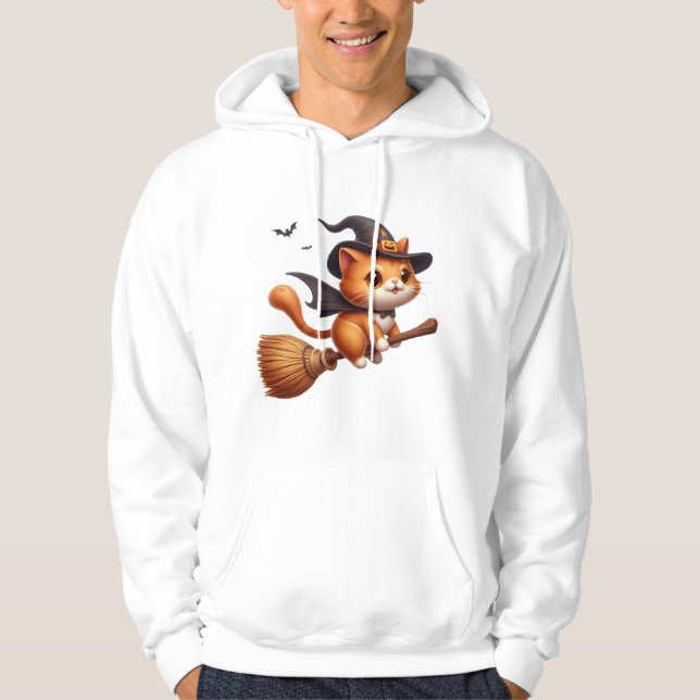 Halloween Witch Cats Riding Broomstick Fladdermus Hoodie (Framsida)