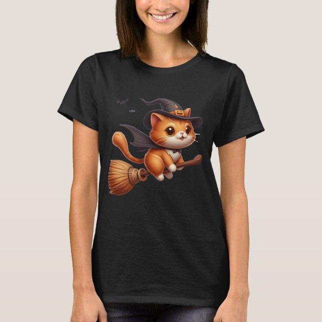Halloween Witch Cats Riding Broomstick Fladdermus T Shirt (Framsida)