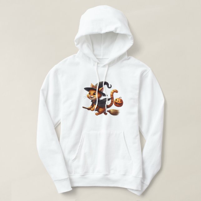 Halloween Witch Cats Riding Broomstick Pumpkin Hoodie (Design framsida)