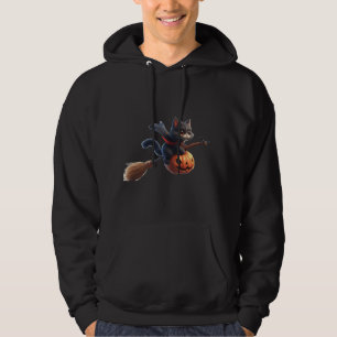 Halloween Witch Cats Riding Broomstick Pumpkin Hoodie