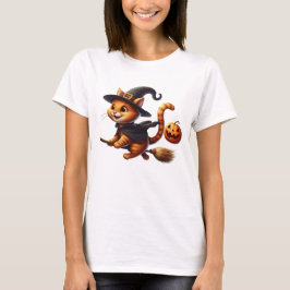 Halloween Witch Cats Riding Broomstick Pumpkin T Shirt