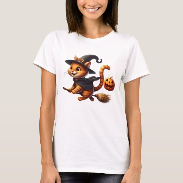 Halloween Witch Cats Riding Broomstick Pumpkin T Shirt (Framsida)