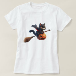 Halloween Witch Cats Riding Broomstick Pumpkin T Shirt