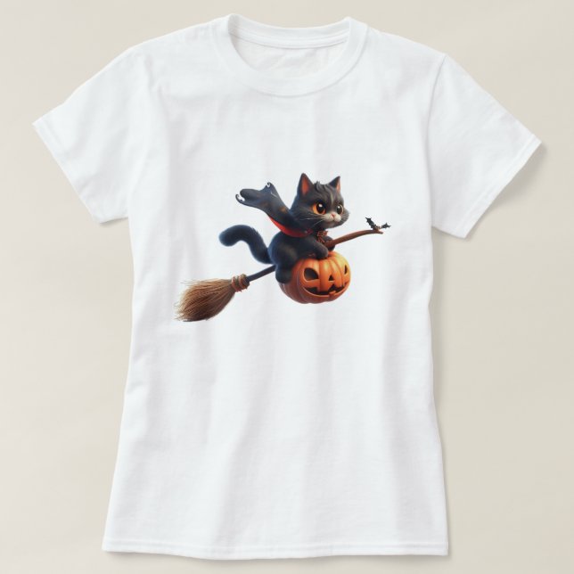 Halloween Witch Cats Riding Broomstick Pumpkin T Shirt (Design framsida)