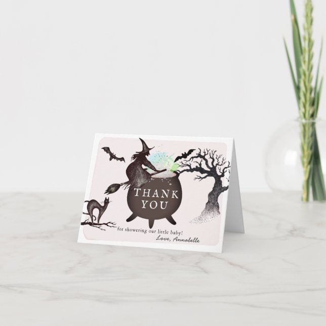 Halloween Witch Cauldron Rosa Baby Shower Tack Kort (Framsida)