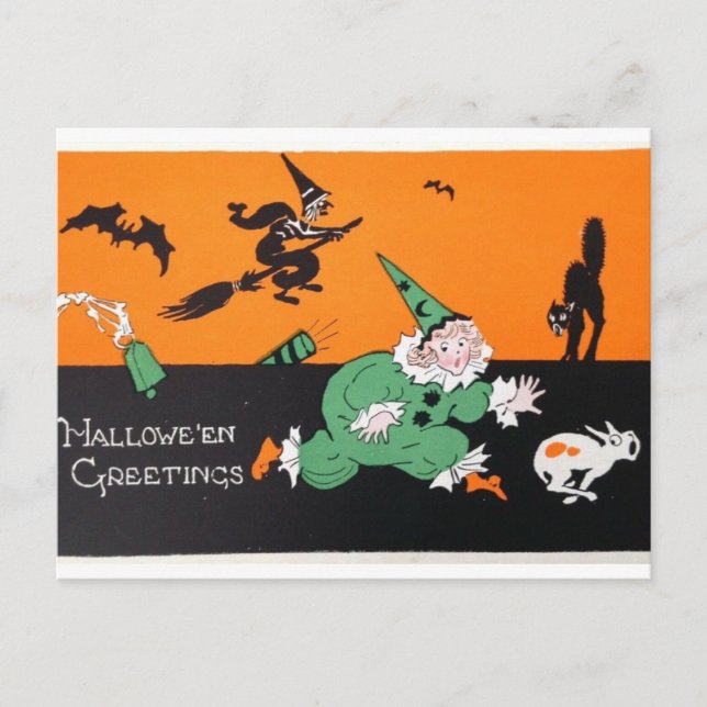 Halloween Witch Clown Postcard: Whimsical Roligt! Vykort (Framsida)