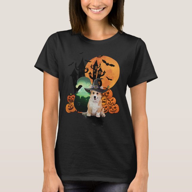 Halloween Witch Corgi Hund T Shirt (Framsida)