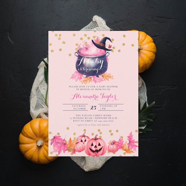 Halloween Witch Cute Fall Rosa Flicka Shower Inbjudningar (halloween baby shower witch cauldron pumpkin invitation october novermber fall leaves pink purple)