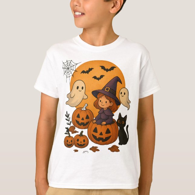 Halloween Witch Design with Ghosts, Pumpkins T Shirt (Framsida)