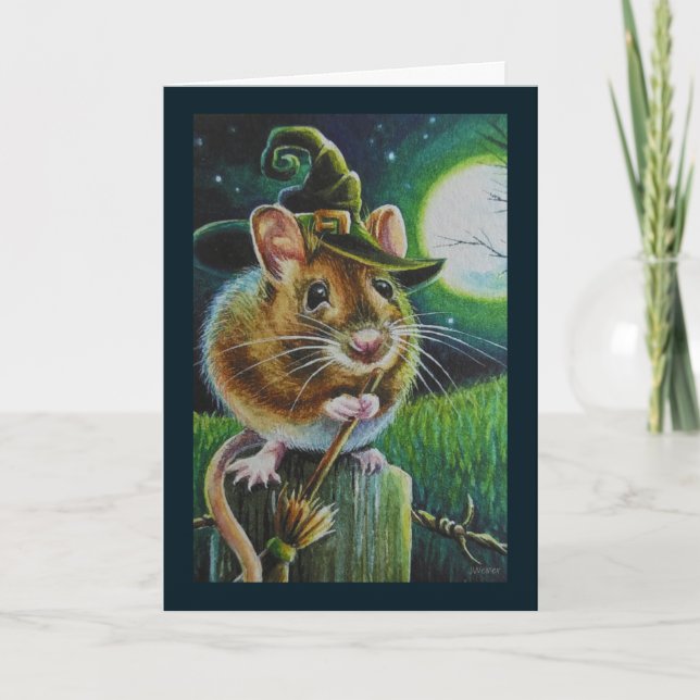 Halloween Witch Fält Mouse Broom Watercolor Art Kort (Framsida)