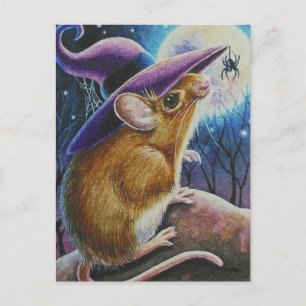 Halloween Witch Fält Mouse Spider Watercolor Art Vykort
