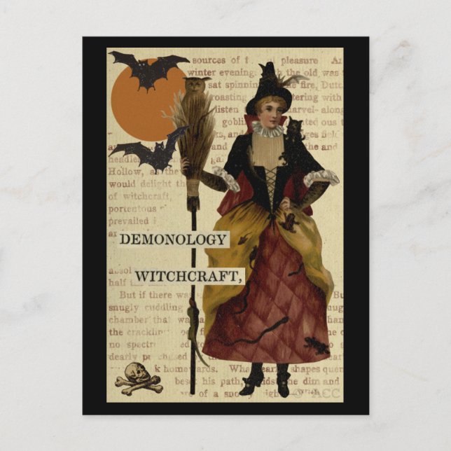 Halloween Witch Fladdermöss Måne Uggla Skull Vykort (Framsida)