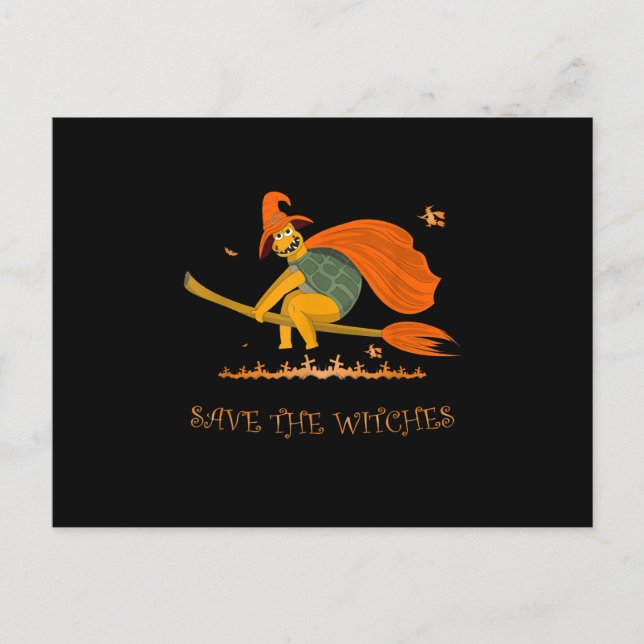 Halloween Witch Flies Turtle Broom Salem Inbjudan Vykort (Framsida)