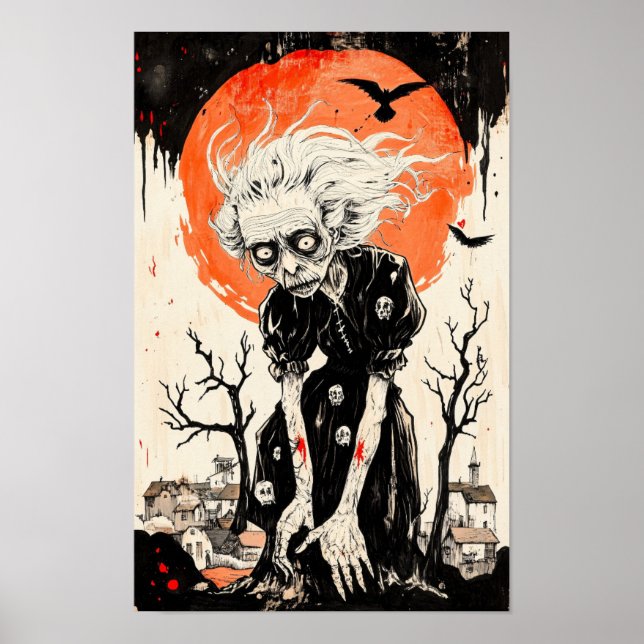 Halloween Witch Ghoul Woodblock-Stil Poster (Framsidan)