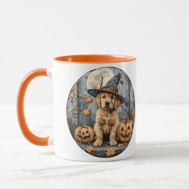 Halloween Witch Golden Retriever Puppy Pumpkins Mugg (Vänster)