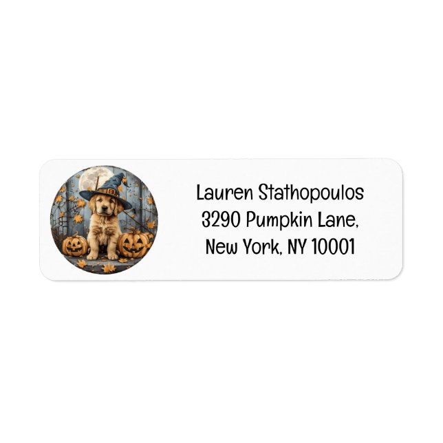 Halloween Witch Golden Retriever Puppy Pumpkins Returadress Etikett (Framsidan)