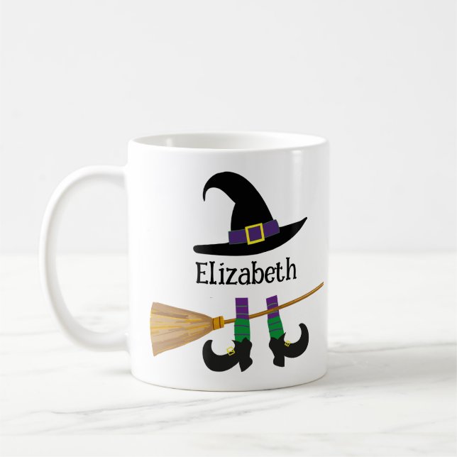 Halloween Witch Hat Broom Ben Tecknad Anpassningsb Kaffemugg (Vänster)