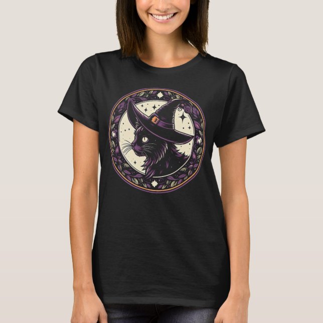 Halloween Witch Hat Cat Lila Petals T-Shirt (Framsida)