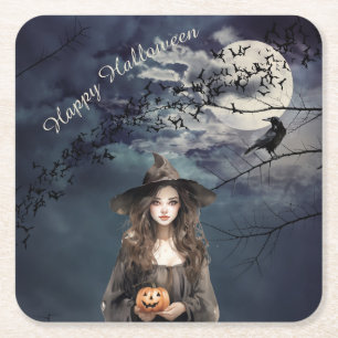 Halloween Witch i Moonlight Underlägg Papper Kvadrat