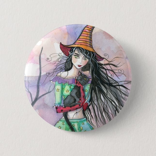 Halloween Witch Kat Button Pin Knapp (Framsida)