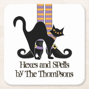 Halloween Witch med Black Cat Cute Whimsical Underlägg Papper Kvadrat