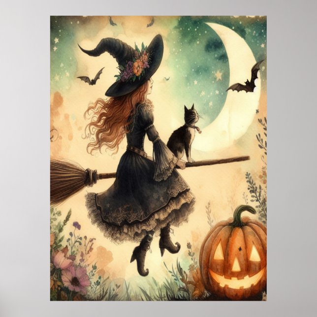 Halloween Witch med Broom och Cat Poster (Framsidan)