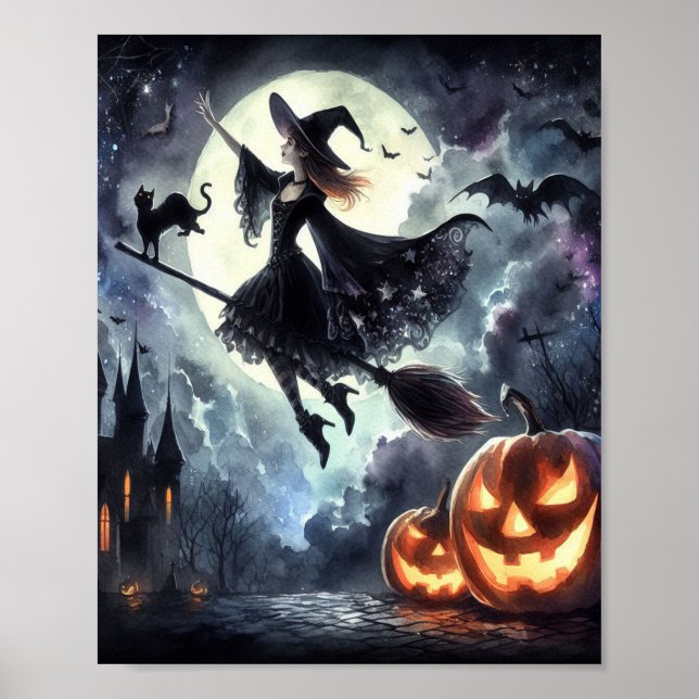 Halloween Witch med Broom och Cat Poster (Framsidan)