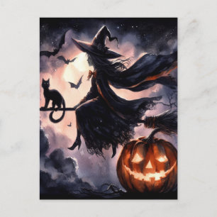 Halloween Witch med Broom och Cat Vykort