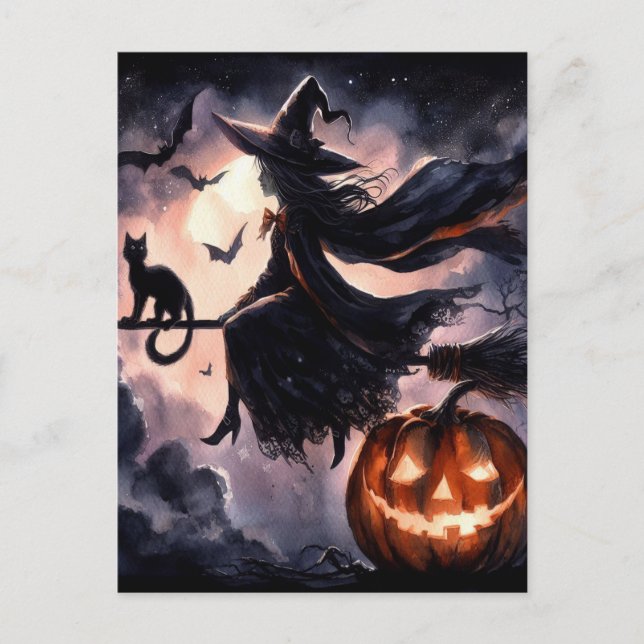 Halloween Witch med Broom och Cat Vykort (Framsida)