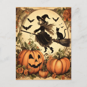 Halloween Witch med Broom och Cat Vykort
