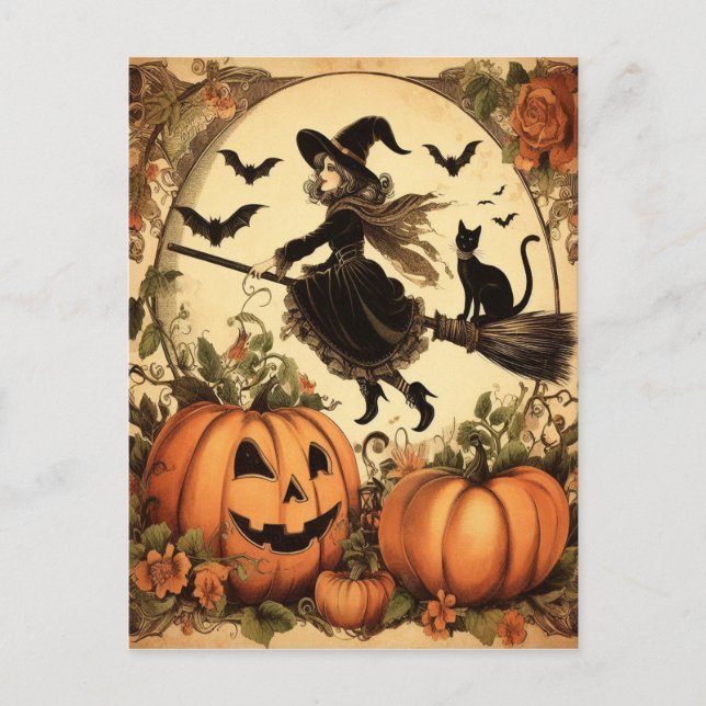 Halloween Witch med Broom och Cat Vykort (Framsida)