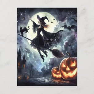 Halloween Witch med Broom och Cat Vykort
