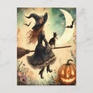 Halloween Witch med Broom och Cat Vykort