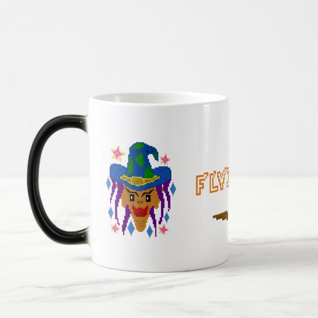 Halloween Witch med Broom - Pixel Art Magisk Mugg (Vänster)