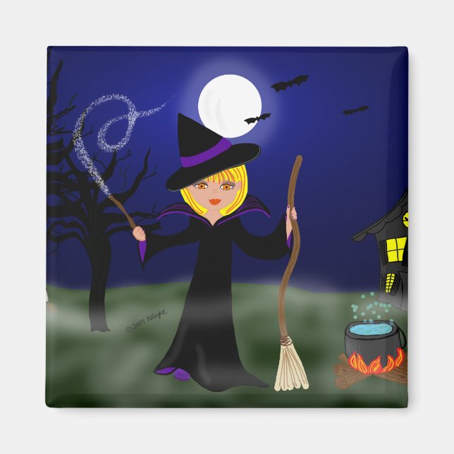 Halloween Witch med Cauldron Magnet (Framsidan)