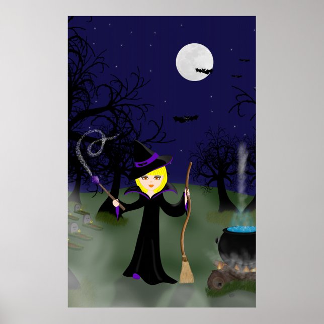 Halloween Witch med Cauldron Print Poster (Framsidan)