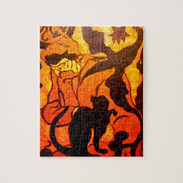 Halloween Witch med en svart katt Pussel (Vertikal)