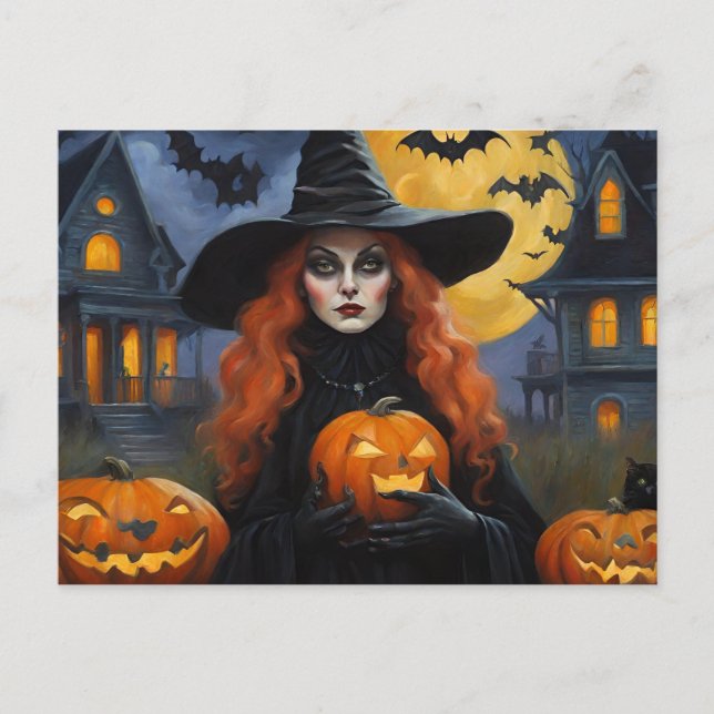 Halloween Witch med Jack O'Lantern Illustration Helg Vykort (Framsida)