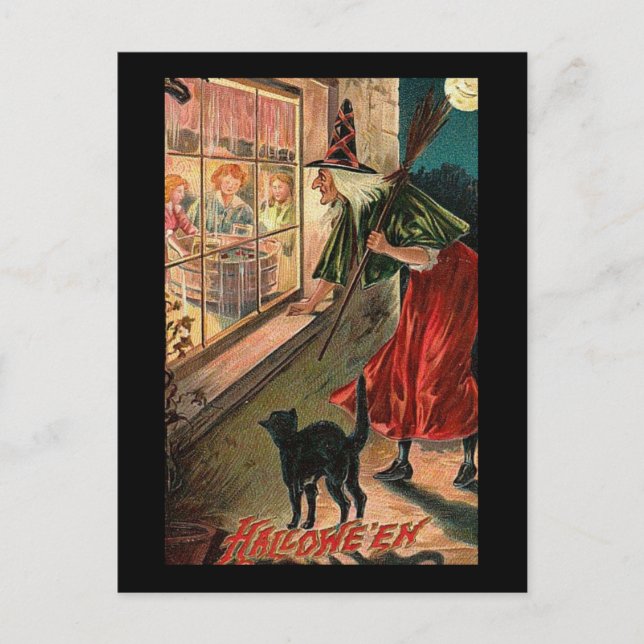 Halloween Witch med Kat Vykort (Framsida)